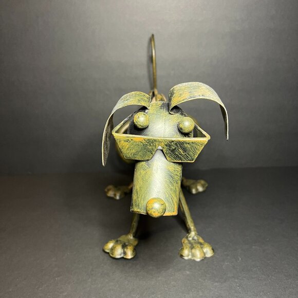 Unique Whimsical Metal Tin Floral Art Pottery Ceramic Dog Figure w/ Sunglasses - Picture 4 of 8